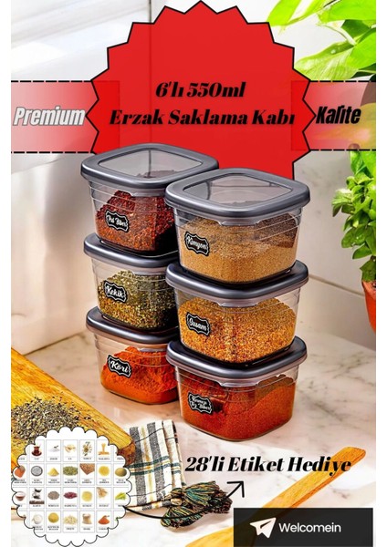 6 Adet Square Antrasit Etiketli Baharatlık Takımı - 550 ml - 6'lı Kare 0.55 Lt Etiket Hediyeli