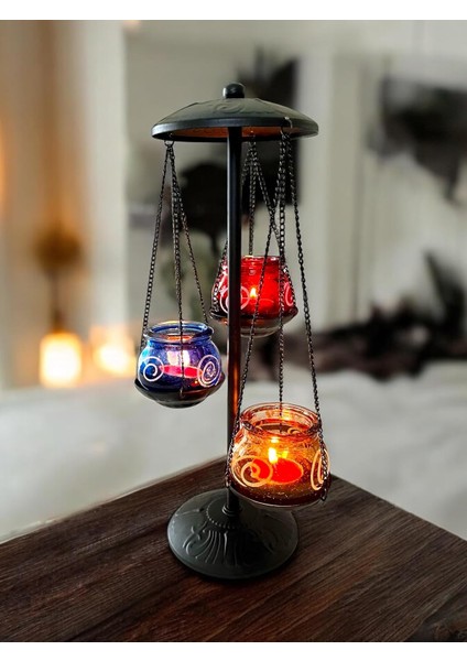 Ferforje Mumluk, 3'lü Mumluk, Şamdan, Cam Hazneli Metal Mumluk, Ayaklı Mumluk, Tealight Mumluk
