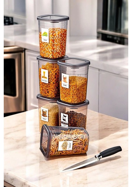 6 Adet Etiketli Square Kare Erzak Saklama Kabı Seti 1200 ml - Sert Kapak 1.2 Litre Etiket Hediyeli