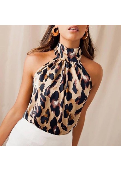Grip&hug Kadın Halter Yaka Leopar Desenli Mikro Kumaş Bluz
