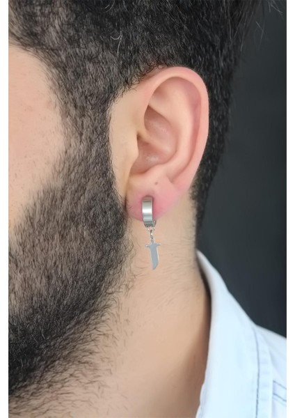 Silver Renk Kaplama Kılıç Figürlü Çelik Kıstırmalı Erkek Küpe - TJ-EKP129