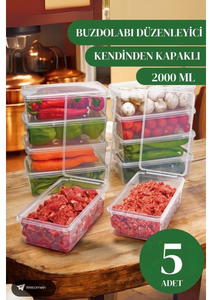 5 Adet 2lt. Kendinden Kapaklı Derin Dondurucuya Uygun Saklama Kabı Düzenleyici (2000 Ml)
