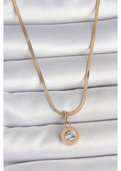 316L Çelik Gold Renk Italyan Zincir Sallantı Zirkon Taş Model Kadın Kolye - TJ-BKO10124