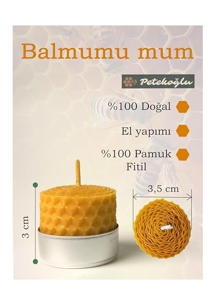 (12 Adet) Sarma Tealight Mum 3,5 cm x 3 cm Doğal Petek Balmumu Mum