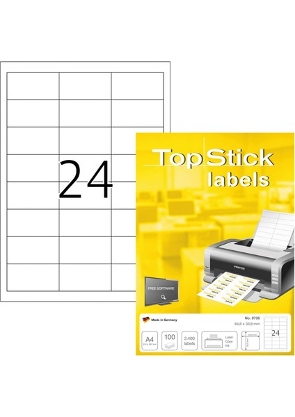 8736 Evrensel Etiketler, 100 Yaprak, 64,6 x 33,8 Mm, A4 Yaprak Başına 24 Adet, 2400 Çıkartma, Kendinden Yapışkanlı, Lazer ve Mürekkep Püskürtmeli Yazıcı Için Boş Yapışkan