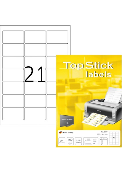 8699 Adres Etiketi, 100 Yaprak, 63,5 x 38,1 Mm, 21 A4 Yaprak, 2100 Adet, Kendinden Yapışkanlı, Yazdırılabilir, Mat, Adres Çıkartması, Beyaz