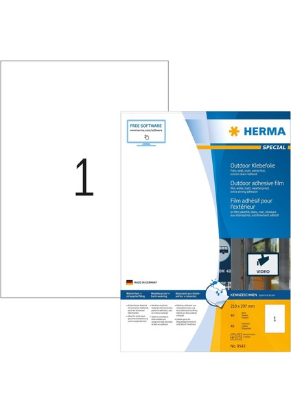 9543 Hava Koşullarına Dayanıklı Dış Mekan Yapışkan Folyo Dın A4 (210 x 297 Mm, Folyo Beyaz Mat) 40 Etiketleri 40 Yaprak, Kendinden Yapışkanlı, Baskı