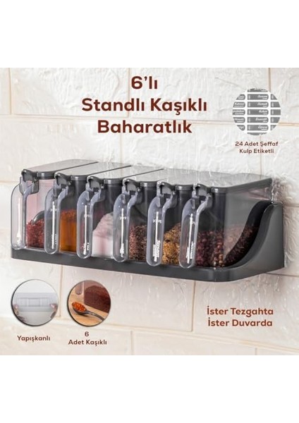 Baharat Saklama Kabı, 6'lı, Kaşıklı, Etiketli