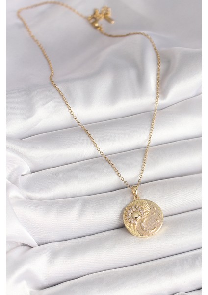 316L Çelik Gold Renk Zincir Zirkon Taşlı Ay Güneş Işlemeli Madalyon Model Kadın Kolye - TJ-BKO9958