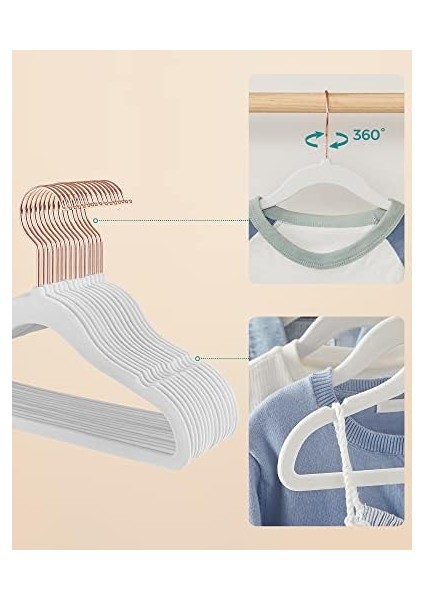 Çocuk Elbise Askıları, 50'li Set, Pembe Altın Kancalı Kadife Askılar, Kaymaz, Gardıroplar, Çocuk Kıyafetleri, Bebek Kıyafetleri, Çocuklar Için Etek ve Pantolonlar Için, Beyaz CRF027W01