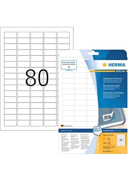 10003 Üniversal Etiket Dın A4 Çıkarılabilir, Küçük 35,6 x 16,9 Mm, 25 Yaprak, Kağıt, Mat Kendinden Yapışkanlı, 2.000 Yapışkan Etiket, Beyaz