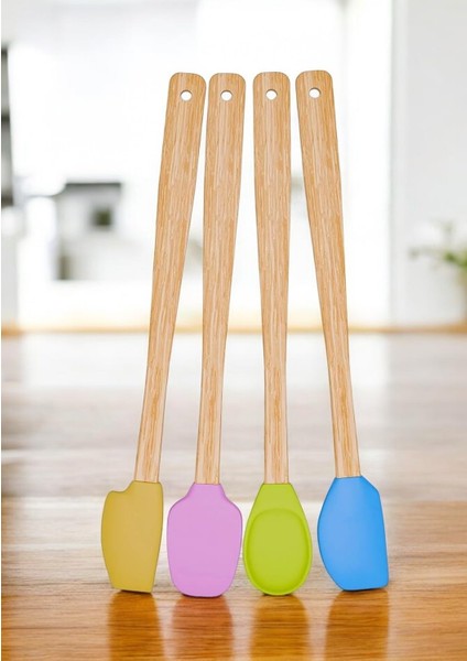 4 Adet 4 Renk Ahşap Saplı Pastel Renkli Isıya Dayanıklı Silikon Spatula Seti Mutfak Seti Renkli Kaşık Spatula Mavi Sarı Pembe Yeşil