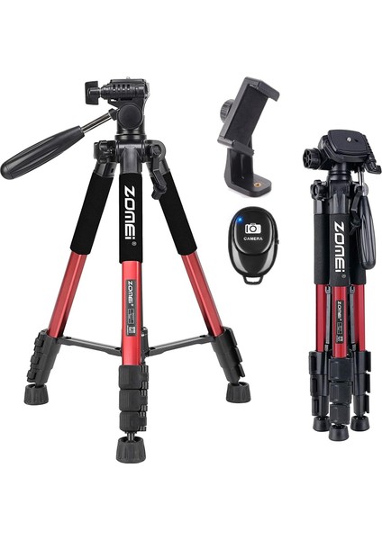 Zomei Q111 Kamera Tripodu Cep Telefonu Tutuculu + Uzaktan Kumanda, Alüminyum Alaşım Hafif Kamera Ayaklı Tripod 3 Yönlü Döner Başlık Hızlı Değiştirme Plakası ve Çanta 47 - 140 cm Kırmızı Renk