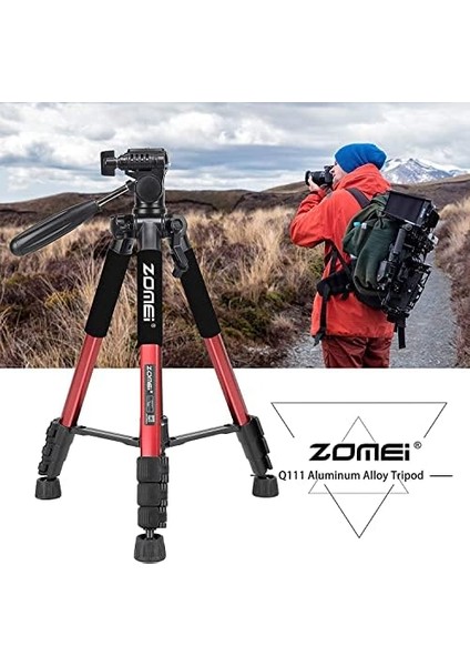 Zomei Q111 Kamera Tripodu Cep Telefonu Tutuculu + Uzaktan Kumanda, Alüminyum Alaşım Hafif Kamera Ayaklı Tripod 3 Yönlü Döner Başlık Hızlı Değiştirme Plakası ve Çanta 47 - 140 cm Kırmızı Renk