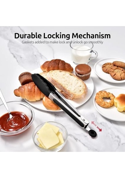 Home Siyah Silikon Uçlu Mutfak Maşası - 23 Cm, Asma Kilit Sistemli Paslanmaz Çelik Sap, Kolay Kavrama, Mangal, Salata, Makarna, Barbekü, Kamp Için Uygun