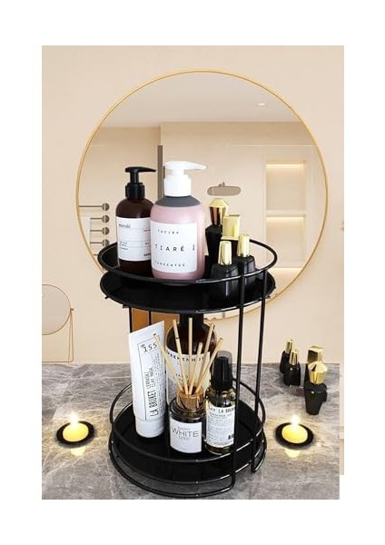 Haus Banyo Kozmetik Takı Düzenleyici Çok Amaçlı Organizer 2 Katlı Servis Sunum Tepsisi Ikramlık Siyah