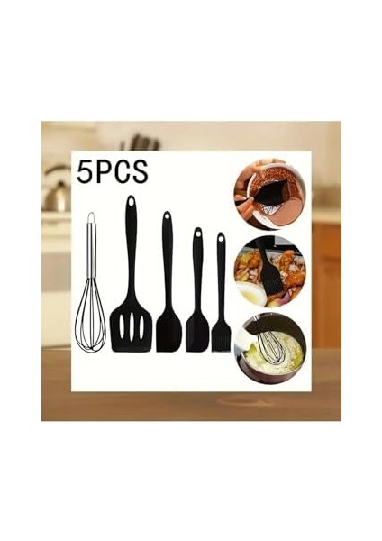 Isıya Dayanıklı Yanmaz Yapışmaz Silikon Spatula Seti 5 Parça Siyah