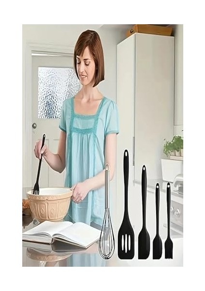 Isıya Dayanıklı Yanmaz Yapışmaz Silikon Spatula Seti 5 Parça Siyah