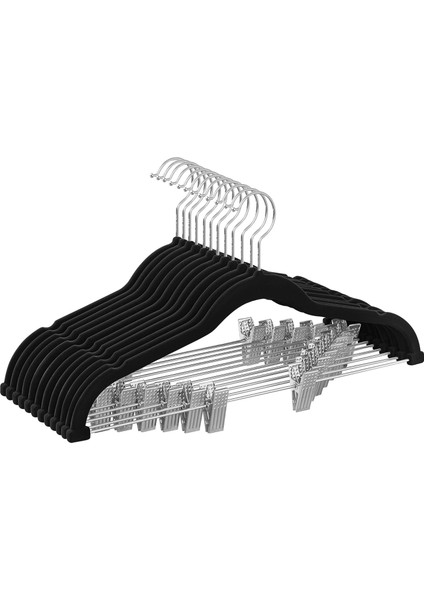 Elbise Askısı Kadife, 12'li Set, Etek Askısı, 42,5 cm Genişliğinde, Ayarlanabilir Klipsli, Kaymaz, Yer Tasarruflu, Pantolon, Manto, Elbise Için, Siyah CRF12B