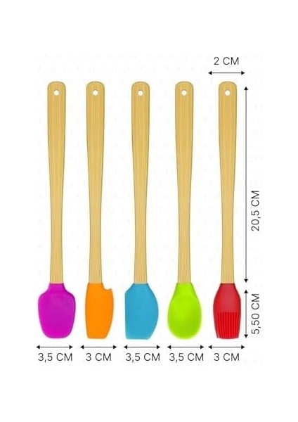 Indigo 5 Li Renkli Bambu Silikon Spatula Seti Uzun 26CM