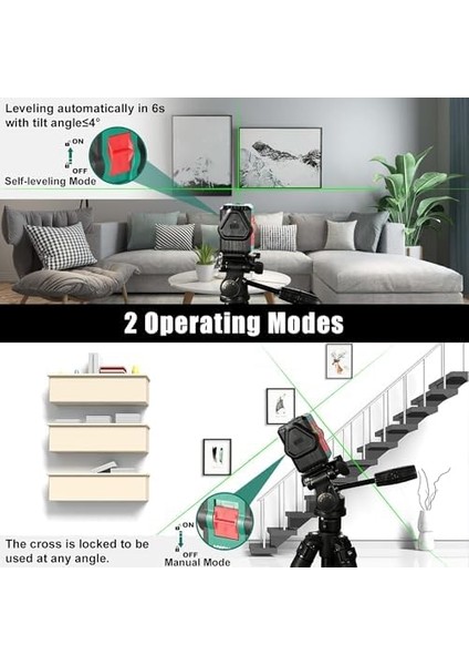 Çapraz Çizgili Lazer, 45 M, Kendinden Hizalanan Yeşil Çizgi Lazeri, 360° Değiştirilebilir Yatay/dikey/çapraz Çizgi, Mıknatıslı Tutucu, IP54, USB Şarj ve Koruma Çantası