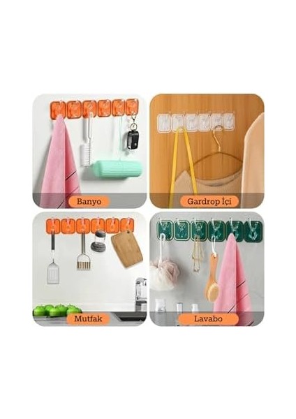 6 Kancalı Kendinden Yapışkanlı Askı Tek Parça Renkli Pratik Duvar, Banyo, Mutfak Askısı