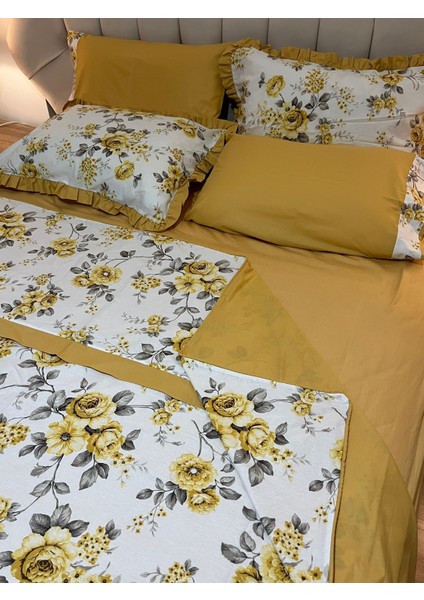 Biye ve Pat Detaylı Çiçekli Çift Taraflı %100 Pamuk Çift Kişilik Nevresim Takımı 4 Parça Set - Hardal