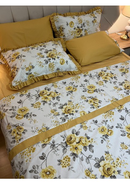 Biye ve Pat Detaylı Çiçekli Çift Taraflı %100 Pamuk Çift Kişilik Nevresim Takımı 4 Parça Set - Hardal