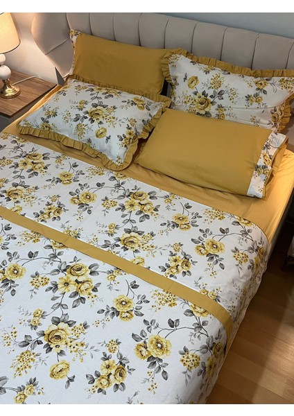 Biye ve Pat Detaylı Çiçekli Çift Taraflı %100 Pamuk Çift Kişilik Nevresim Takımı 4 Parça Set - Hardal