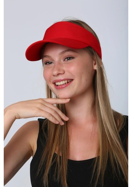 Unisex Spor Vizör Tenis Siperlik Şapka Uv Korumalı Pamuklu Arkası Cırtlı Ayarlanabilir Kırmızı