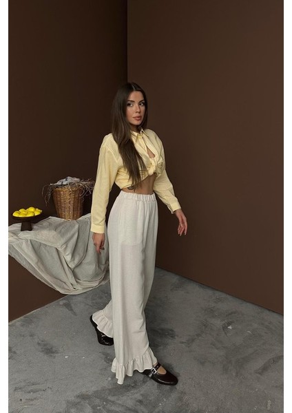 Grip&hug Bej Paçası Fırfırlı Keten Pantolon