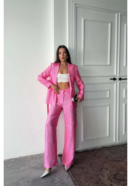 Grip&hug Pembe Beli Kuşaklı Ceket ve Pantolon Parlak Takım