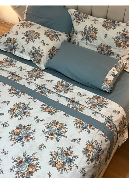 Biye ve Pat Detaylı Çiçek Desenli %100 Pamuk Çift Kişilik Nevresim Takımı 6 Parça Set - Indigo