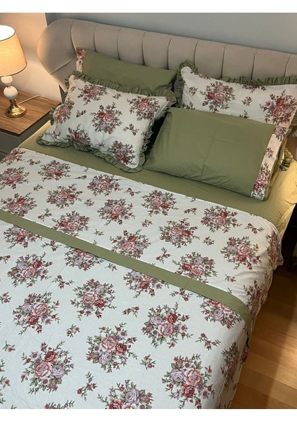 Biye ve Pat Detaylı Çiçekli Çift Taraflı %100 Pamuk Çift Kişilik Nevresim Takımı 4 Parça Set - Yeşil