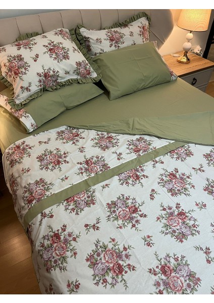 Biye ve Pat Detaylı Çiçekli Çift Taraflı %100 Pamuk Çift Kişilik Nevresim Takımı 4 Parça Set - Yeşil