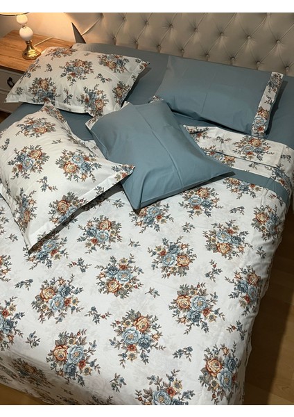 Biye ve Pat Detaylı Çiçek Desenli %100 Pamuk Çift Kişilik Nevresim Takımı 4 Parça Set - Indigo