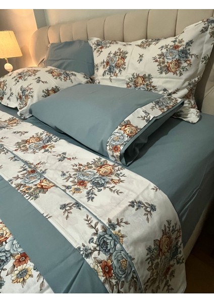 Biye ve Pat Detaylı Çiçek Desenli %100 Pamuk Çift Kişilik Nevresim Takımı 4 Parça Set - Indigo