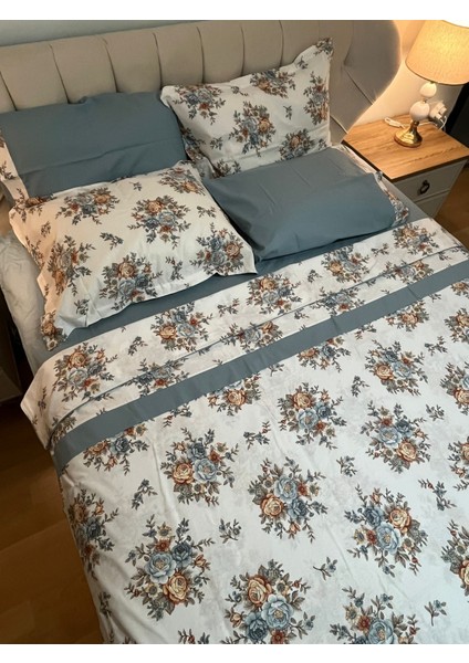Biye ve Pat Detaylı Çiçek Desenli %100 Pamuk Çift Kişilik Nevresim Takımı 4 Parça Set - Indigo