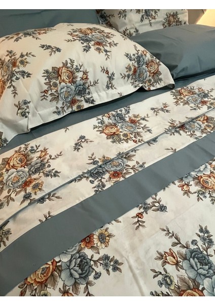 Biye ve Pat Detaylı Çiçek Desenli %100 Pamuk Çift Kişilik Nevresim Takımı 4 Parça Set - Indigo