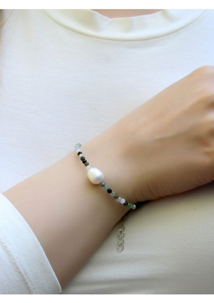 Doğal Taş Yeşil Akik Taşlı Inci Kadın Doğal Taşlı Bileklik EUB8YAI
