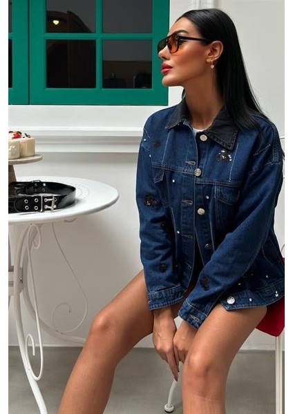 Grip&hug Yaka Siyah Garni Pul Payet Taşlı Oversize Denim Ceket 6125