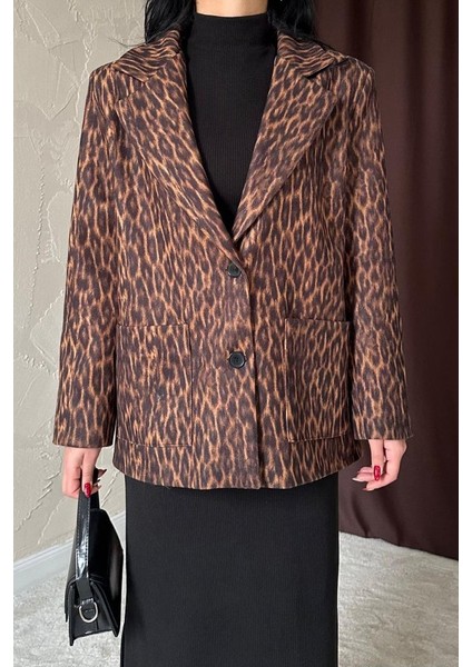 Leopar Yakası Kürk Garnili Desenli Ceket