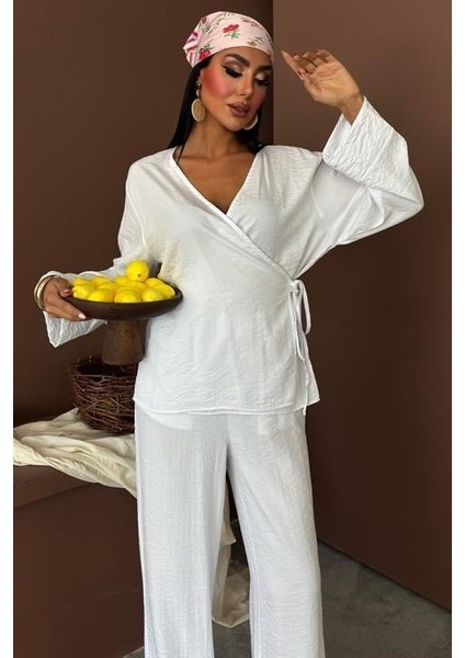 Grip&hug Kruvaze Model Klasik Pantolonlu Çupra Keten Takım 10191