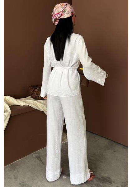 Grip&hug Kruvaze Model Klasik Pantolonlu Çupra Keten Takım 10191
