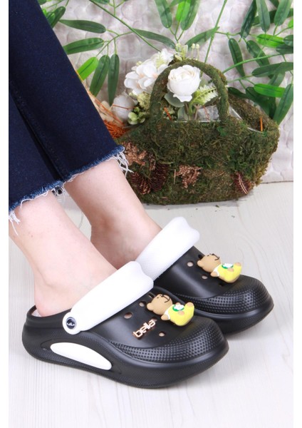 E468 Bella Siyah Beyaz Eva Malzeme Sabo Doktor Medikal Aşçı Günlük Burnu Kapalı Terlik