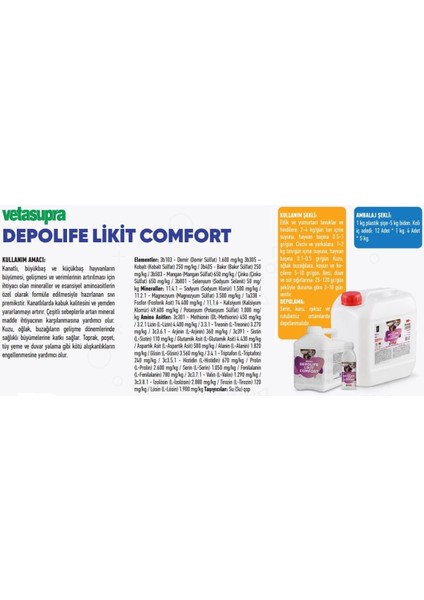 Vetasupra Depolife Likit Comfort Verim Artırıcı Hayvan Yem Katkı Maddesi - 1 kg -5 kg - 20 kg fiyatları