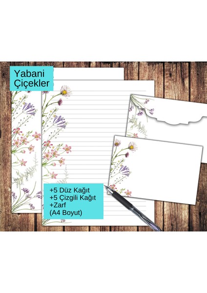 Yabani Çiçekler Zarflı Mektup Not Kağıdı, +5 Düz Kağıt +5 Çizgili Kağıt +Zarf (A4 Boyut)