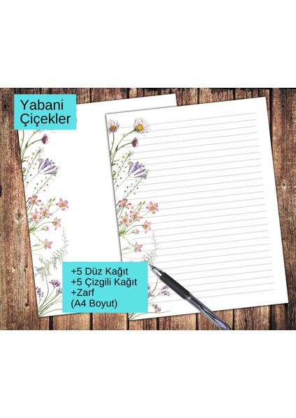 Yabani Çiçekler Zarflı Mektup Not Kağıdı, +5 Düz Kağıt +5 Çizgili Kağıt +Zarf (A4 Boyut)