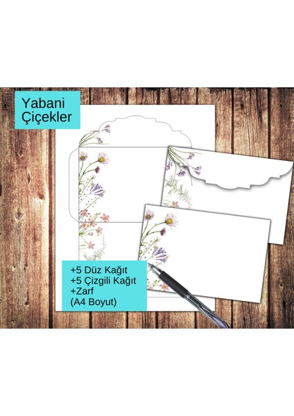 Yabani Çiçekler Zarflı Mektup Not Kağıdı, +5 Düz Kağıt +5 Çizgili Kağıt +Zarf (A4 Boyut)