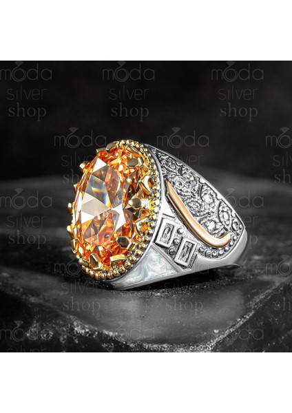 925 Ayar Gümüş Turuncu Sitrin Taşlı Mineli Erkek Yüzük